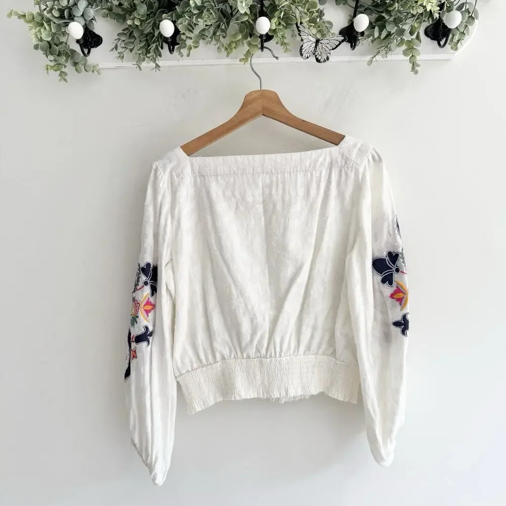 Anthropologie Embroidered Puff-Sleeve Square Neck Textured Blouse Small White #M